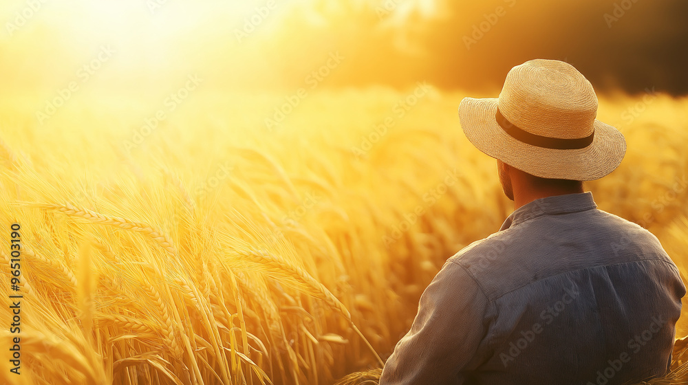 A farmer stands quietly in a golden wheat field, gazing at the sunset, reflecting on the harvest season and the beauty of rural landscapes, copy space A farmer stands quietly in a golden wheat field, gazing at the sunset, reflecting on the harvest season and the beauty of rural landscapes, copy space