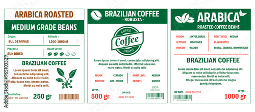 An illustration of coffee labels template, simple flat style in cmyk mode with two tone color. The labels detail various coffee attributes such as origin, altitude, roast level, process, and net weigh