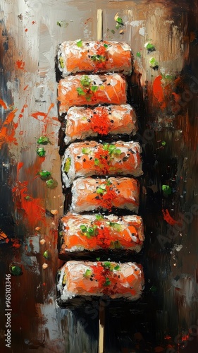 Sushi in an oil painting style with rich, warm colors and realistic brushwork. photo