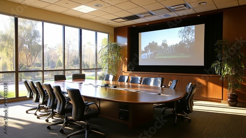 Modern Conference Room with Large Screen and Wooden Table