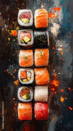 Sushi in an oil painting style with rich, warm colors and realistic brushwork. photo