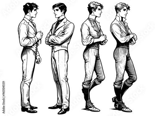 Vintage illustration of men in 19th-century fashion attire. Raster, generative ai.