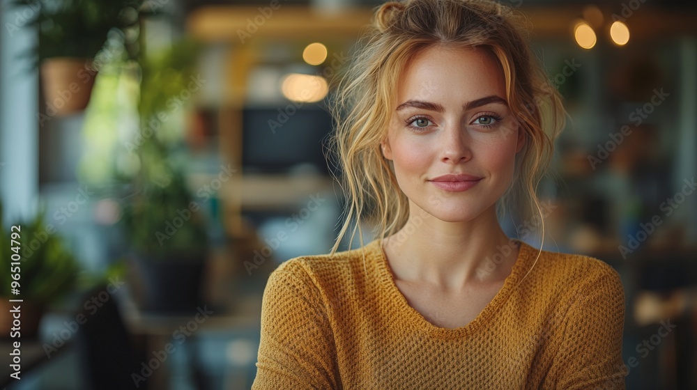 Serene Confidence: A young woman with a gentle smile exudes quiet confidence in a cozy cafe setting. Serene Confidence: A young woman with a gentle smile exudes quiet confidence in a cozy cafe setting.