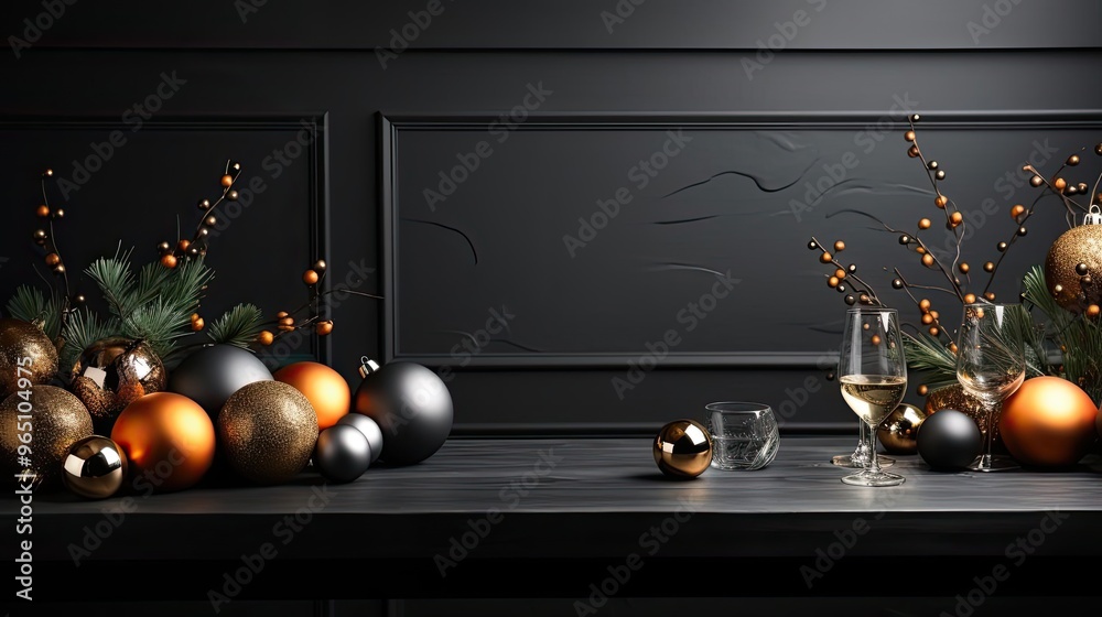 Naklejka premium A lavishly decorated black table in a room, featuring seasonal holiday decorations.