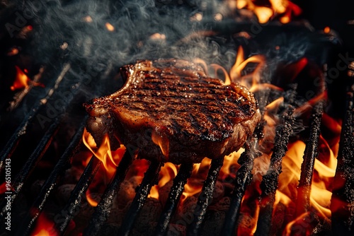 Grilled steak sizzling over flames. photo