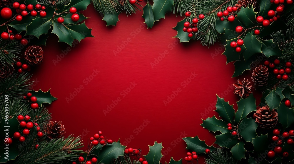 Christmas Decoration with Holly, Pine, and Red Berries on Red Background Christmas Decoration with Holly, Pine, and Red Berries on Red Background