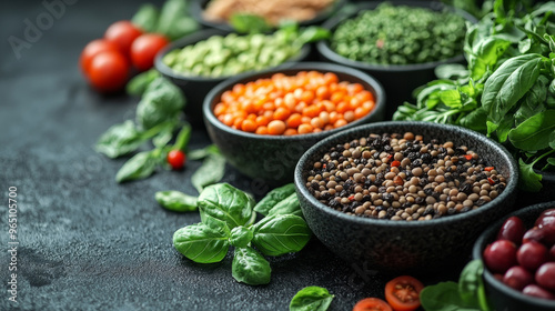 Assortment of dried beans and spices in bowls with fresh basil on black surface.