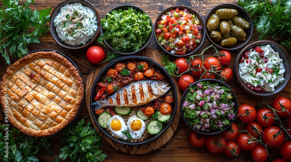 A delicious spread of Mediterranean dishes, including grilled fish, fresh salads, and creamy dips. A delicious spread of Mediterranean dishes, including grilled fish, fresh salads, and creamy dips.