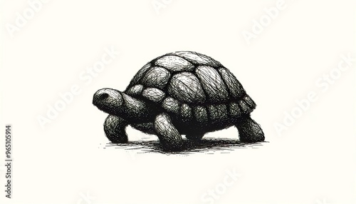 A minimalist and abstract turtle composed of dense, short lines to convey the rough texture of its shell. photo