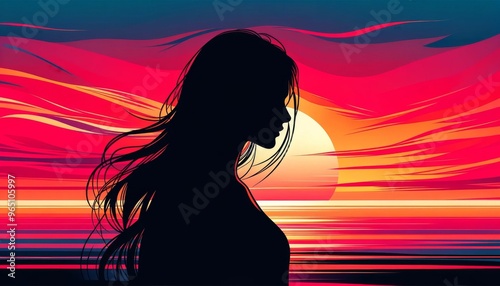 A young woman with long black hair, depicted in a minimalist art style similar to an illustration, silhouetted against a vibrant sunset. photo