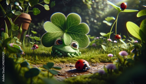 A whimsical, animated character similar to a leaf frog, hiding behind a clover, peeking out curiously at a passing ladybug. photo