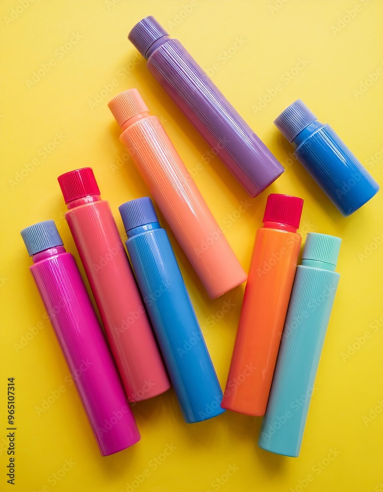 Cosmetic products on yellow background Cosmetic products on yellow background