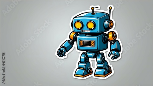 Cute blue robot with orange accents on a grey background.