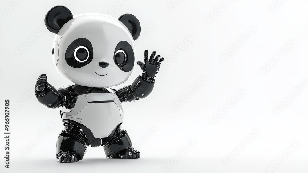 a cute panda looking robot waving - isolated on studio background a cute panda looking robot waving - isolated on studio background