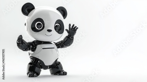 a cute panda looking robot waving - isolated on studio background