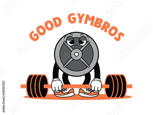 Gym Dumbbell retro mascot with hand and foot doing fitness. Retro cartoon stickers with funny comic characters and gloved hands. Kettlebell, dumbbell, fitness, gym, exercise Retro Mascot.