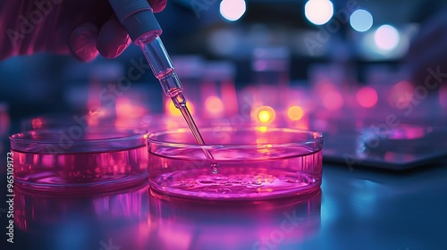 Close-up of scientists using micropipettes with bright liquids in petri dishes under UV light, microbiology, biotechnology techniques photo