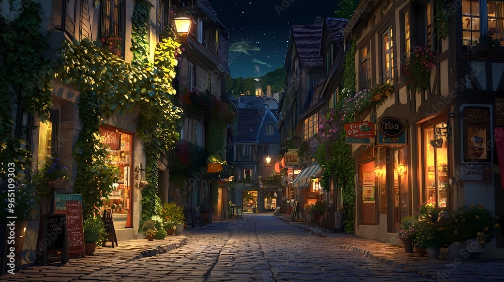 Fototapeta premium Charming nighttime scene in a quaint European village with cobblestone streets.