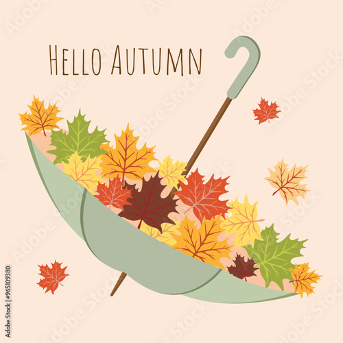 Trendy Autumn Greeting Card with Umbrella and Maple Leaves. Modern Fall Poster in Flat style. Minimalism Art Design Holiday Covers, Banner with trendy typography for website, sale, social media.