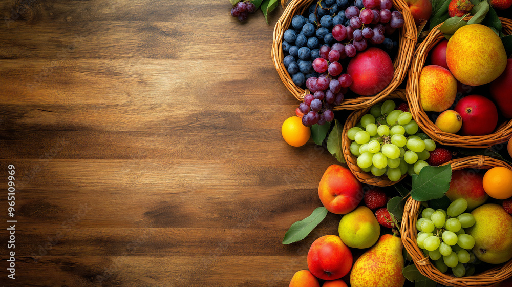 Baskets filled with a variety of fresh fruits are arranged on a wooden surface, showcasing bright colors and inviting textures, ideal for autumn harvesting, copy space Baskets filled with a variety of fresh fruits are arranged on a wooden surface, showcasing bright colors and inviting textures, ideal for autumn harvesting, copy space