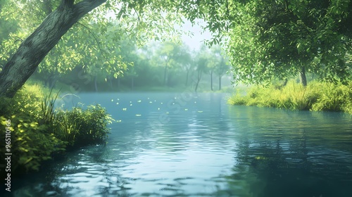 Serene river landscape with lush green foliage and calm water reflections.