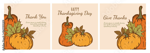 Modern Collection Thanksgiving Card with Pumpkins and Maple Leaves. Trendy posters in hand drawn style and modern fonts. Design Concept for advertising, website, social media, gift, print, marketing.