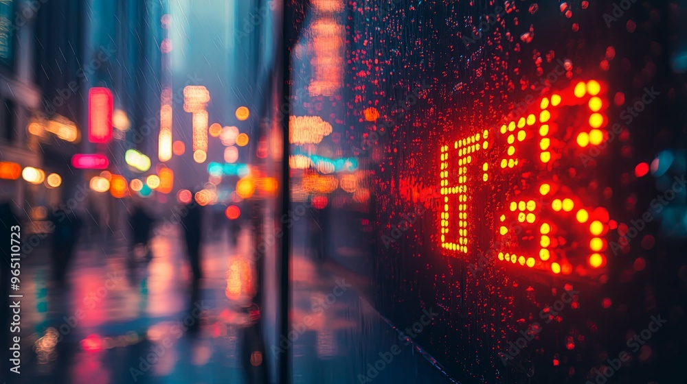 Red Digital Display Through Rain-Streaked Glass Red Digital Display Through Rain-Streaked Glass