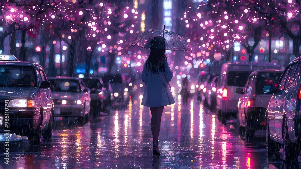 Naklejka premium A woman walks elegantly with an umbrella on a rainy street, illuminated by city lights.