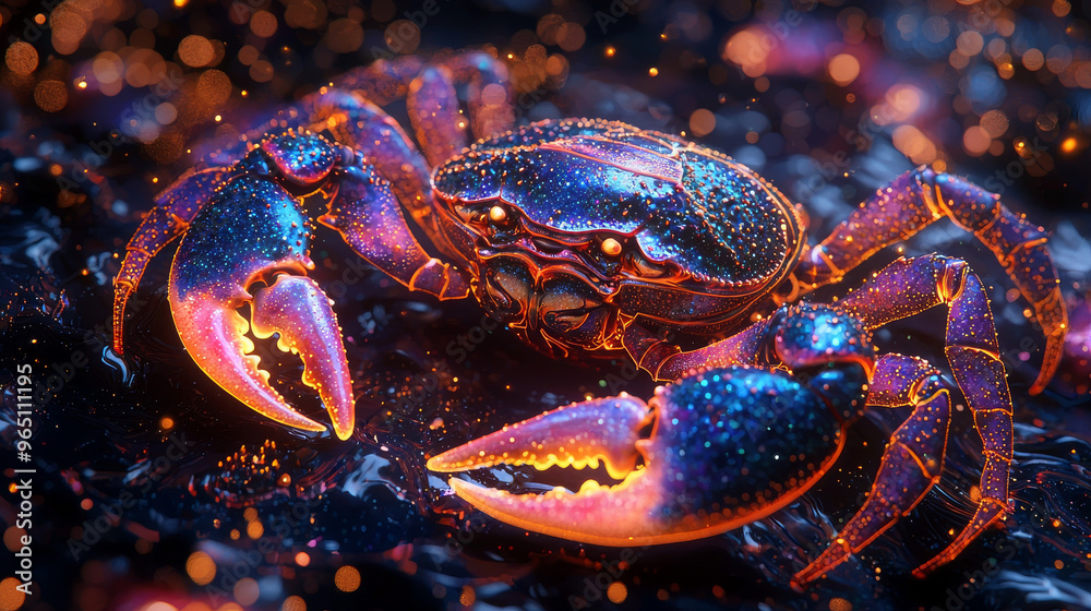 A vibrant crab with glowing orange claws and a deep blue shell. A vibrant crab with glowing orange claws and a deep blue shell.