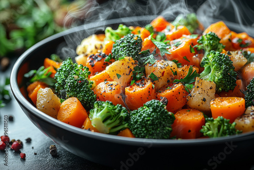 Steaming bowl of roasted broccoli and carrots.