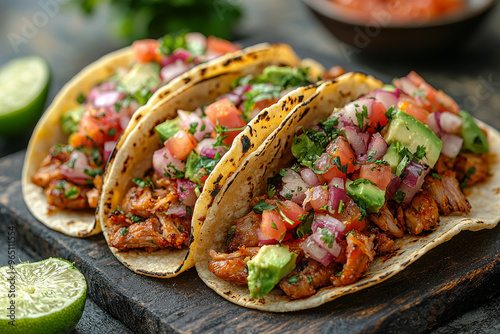 Delicious tacos with pulled pork, avocado, tomato, and red onion.