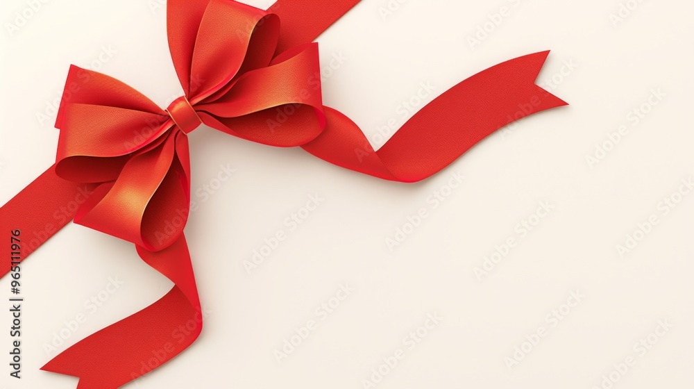 Elegant Red Card with Bow on White Background for Birthday Greetings, Top View with Large Empty Space for Message Elegant Red Card with Bow on White Background for Birthday Greetings, Top View with Large Empty Space for Message