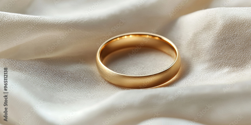 A golden wedding ring, resting on a soft white linen cloth, generative AI A golden wedding ring, resting on a soft white linen cloth, generative AI
