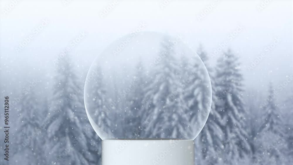 Foggy alpine snowy trees with christmas snow globe copy space loop background.