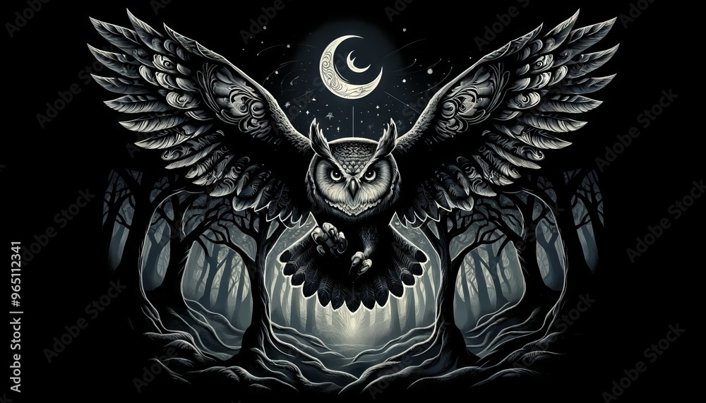 Naklejka premium A mystical owl with expansive wings spread wide, detailed feathers shimmering under a crescent moon, flying over a misty forest.