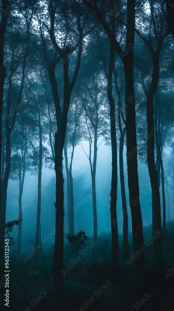Silhouetted Trees in a Foggy Forest Silhouetted Trees in a Foggy Forest
