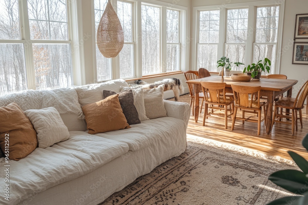 Obraz premium Cozy sunlit living space with dining area and plants.