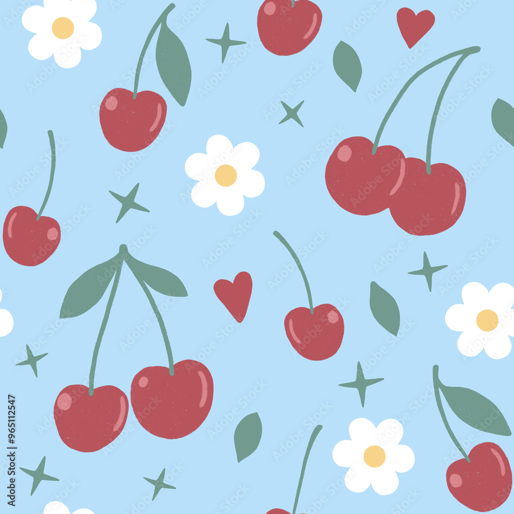 Seamless pattern of doodle hand drawn cherry fruit with green leaves, white flowers and hearts on blue background. Cute berries allover background Seamless pattern of doodle hand drawn cherry fruit with green leaves, white flowers and hearts on blue background. Cute berries allover background