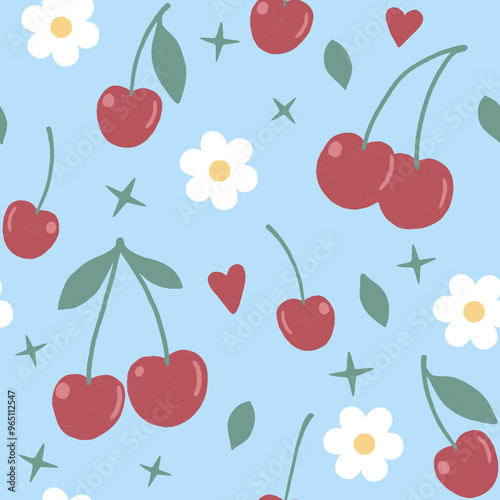 Seamless pattern of doodle hand drawn cherry fruit with green leaves, white flowers and hearts on blue background. Cute berries allover background