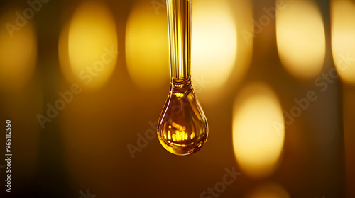 glossy stream of golden oil slowly dripping from a glass pipette, evoking a sense of elegance and purity photo