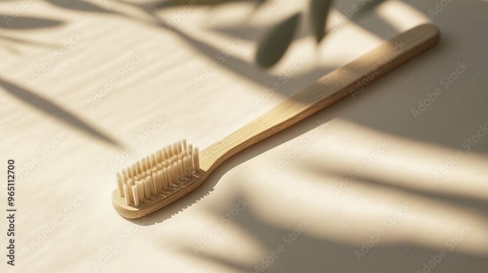 Bamboo toothbrush on beige surface with shadows, eco-friendly hygiene concept Bamboo toothbrush on beige surface with shadows, eco-friendly hygiene concept