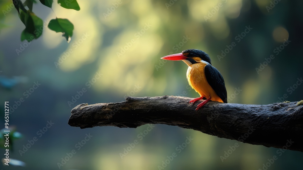 Fototapeta premium A vibrant bird of paradise perched on a branch against a colorful sky