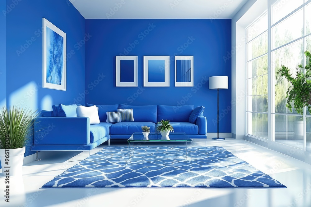 Fototapeta premium Modern blue living room with stylish decor and plants.