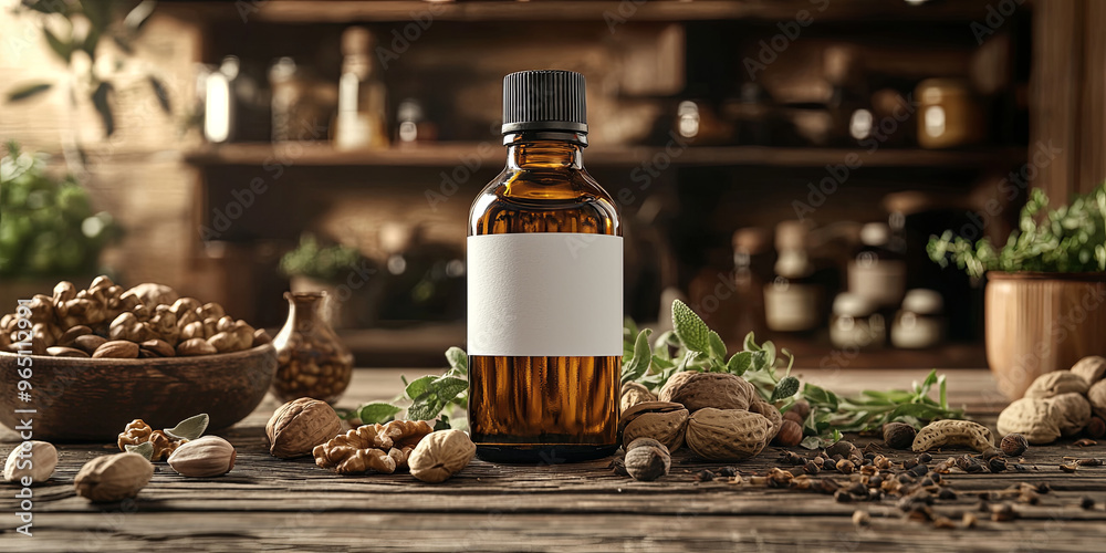 A bottle of essential oil with a blank label stands on the table, surrounded by nuts and herbs, generative AI A bottle of essential oil with a blank label stands on the table, surrounded by nuts and herbs, generative AI