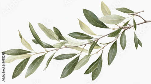  Illustration of an olive branch with green leaves and floral details