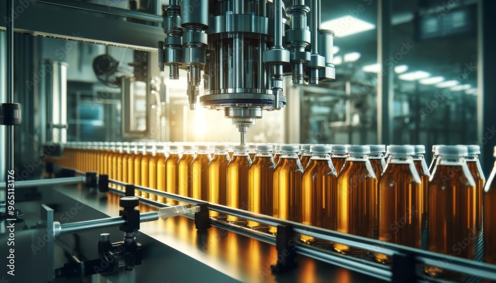 Close-up of the machine filling bottles with liquid, capturing the precise moment of filling. Close-up of the machine filling bottles with liquid, capturing the precise moment of filling.