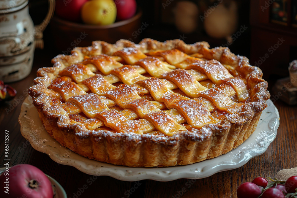 A freshly baked apple pie, dusted with powdered sugar, sits on a white plate, ready to be enjoyed. A freshly baked apple pie, dusted with powdered sugar, sits on a white plate, ready to be enjoyed.