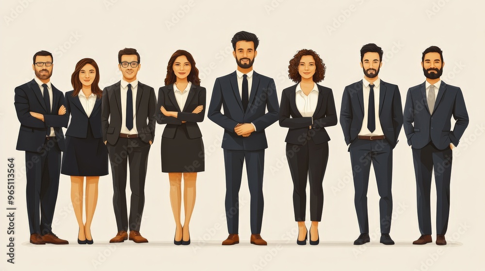 Corporate Powerhouse: A diverse team of professionals stand tall in a sleek, minimalist illustration, exuding confidence and competence in their sharp suits. Corporate Powerhouse: A diverse team of professionals stand tall in a sleek, minimalist illustration, exuding confidence and competence in their sharp suits.