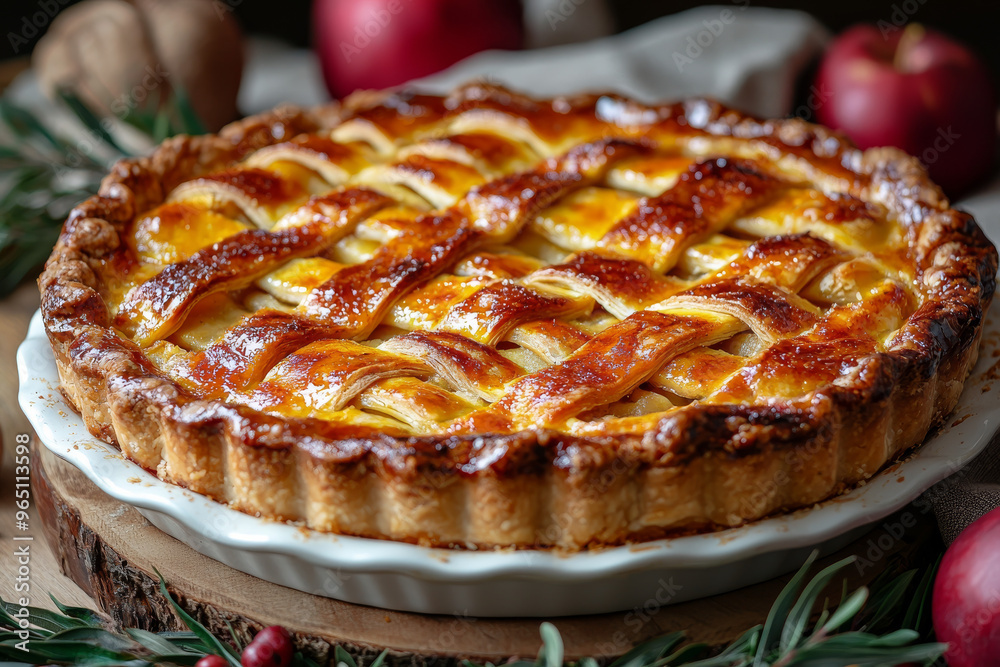 A freshly baked apple pie with a golden crust. A freshly baked apple pie with a golden crust.