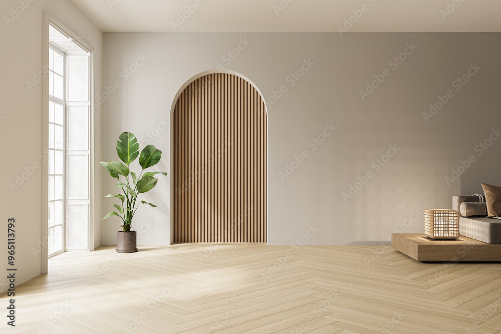 © leymandesign - Minimalist empty living room with light wooden flooring, potted plant, arched wood paneling, and neutral-toned furniture with soft lighting. © leymandesign - Minimalist empty living room with light wooden flooring, potted plant, arched wood paneling, and neutral-toned furniture with soft lighting.